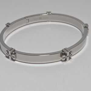 Tory Burch Classic Signature Logo Hinge Bangle Bracelet Silver Tone